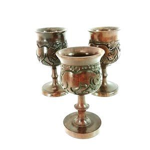 Goblets Artisan Hand Carved Wood Rhino Design Decoration Only Set of 3